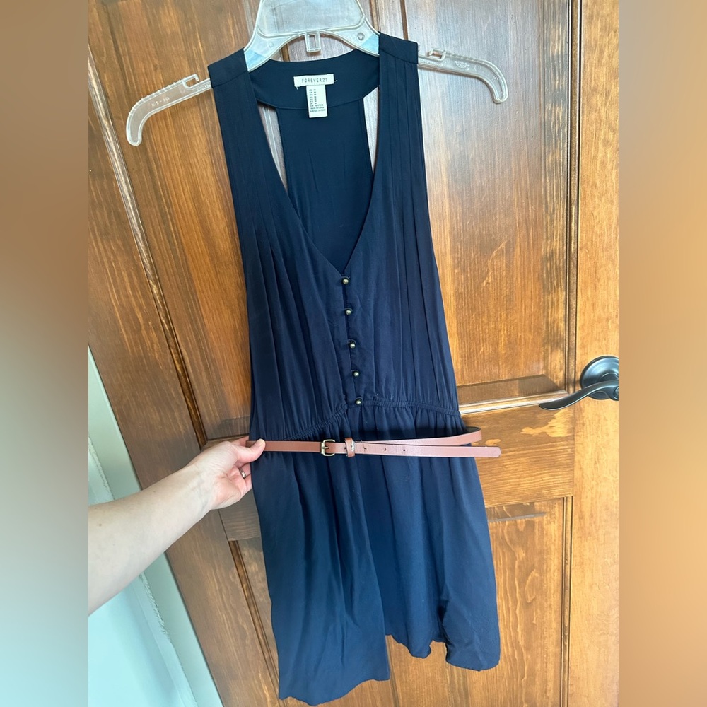 Forever 21 Navy Sleeveless V-Neck Dress with Belt